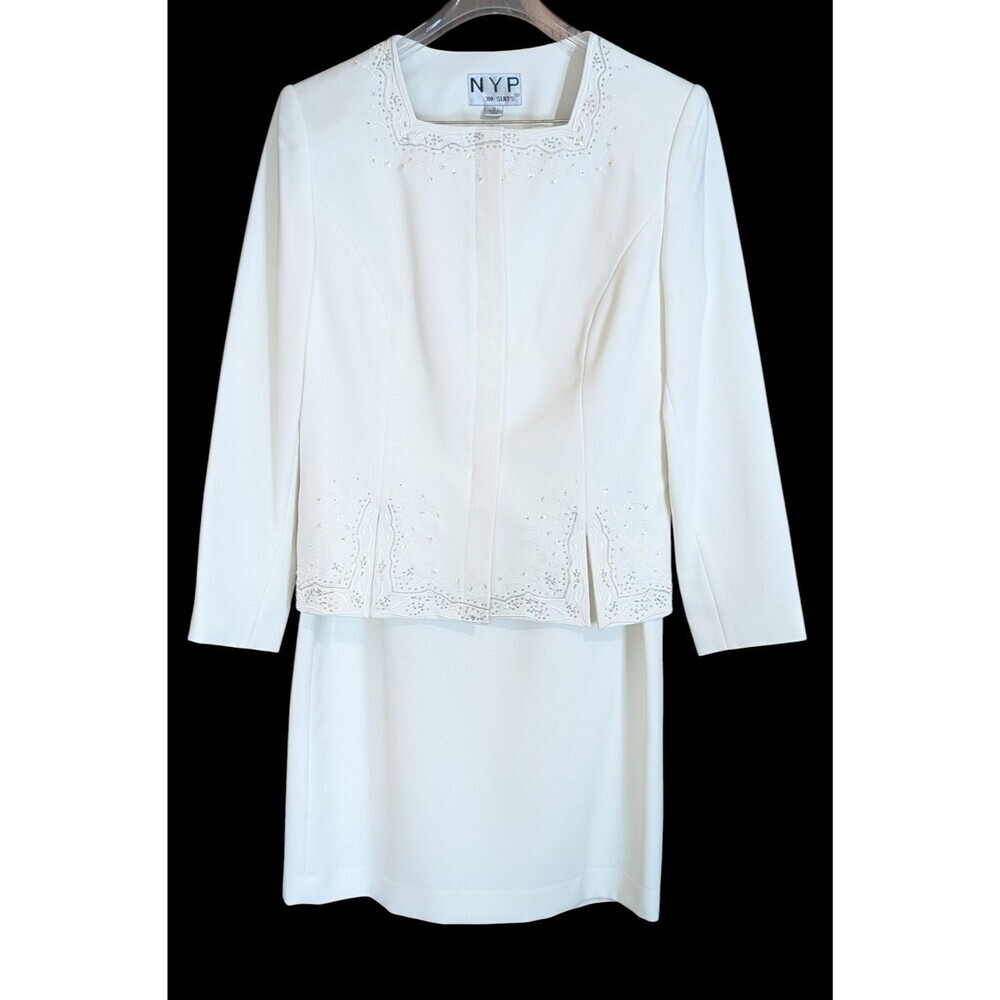NYP Suits Ivory Beaded Skirt Suit Set Vintage Size 14 Formal Church Evening